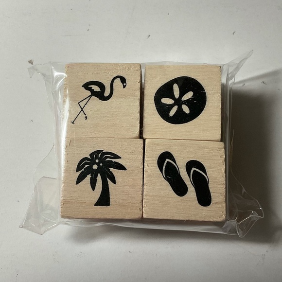 Recollections 4pc FLAMINGO FLIP FLOPS SAND DOLLAR Wood Mounted Rubber Stamp - Picture 4 of 5